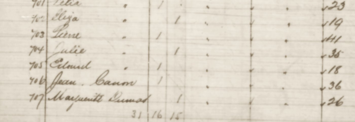 Census of Manitoba, 1870, parish of St. Norbert, page 23, lines 701 to 707